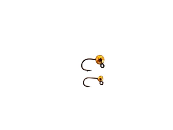 Tungsten Jig mit Rundkopf, geklebt, gold, Haken mit Widerhaken außen